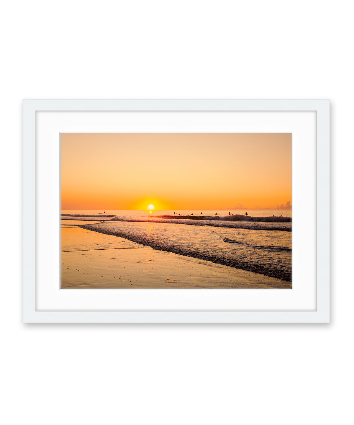 golden sunrise surf print, white frame