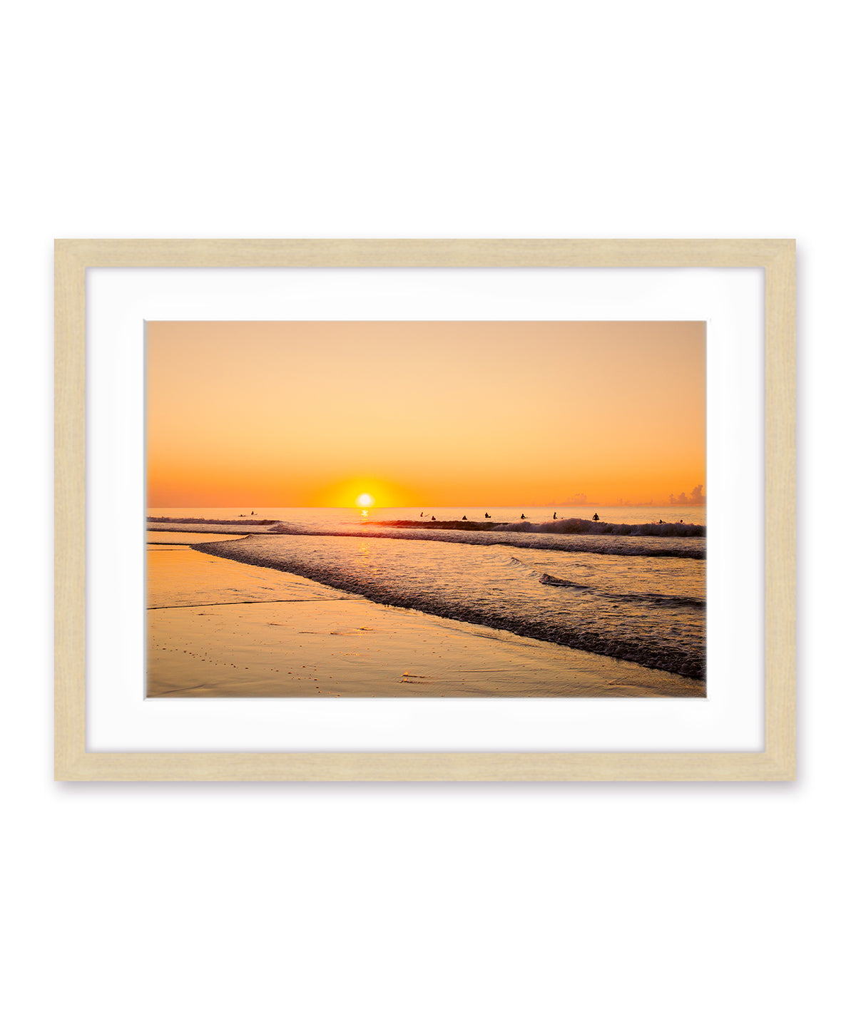 golden sunrise surf print, wood frame