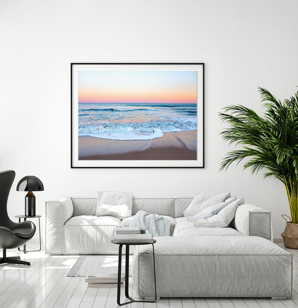 modern living room decor, large art, rainbow sunset beach photograph by Wright and Roam