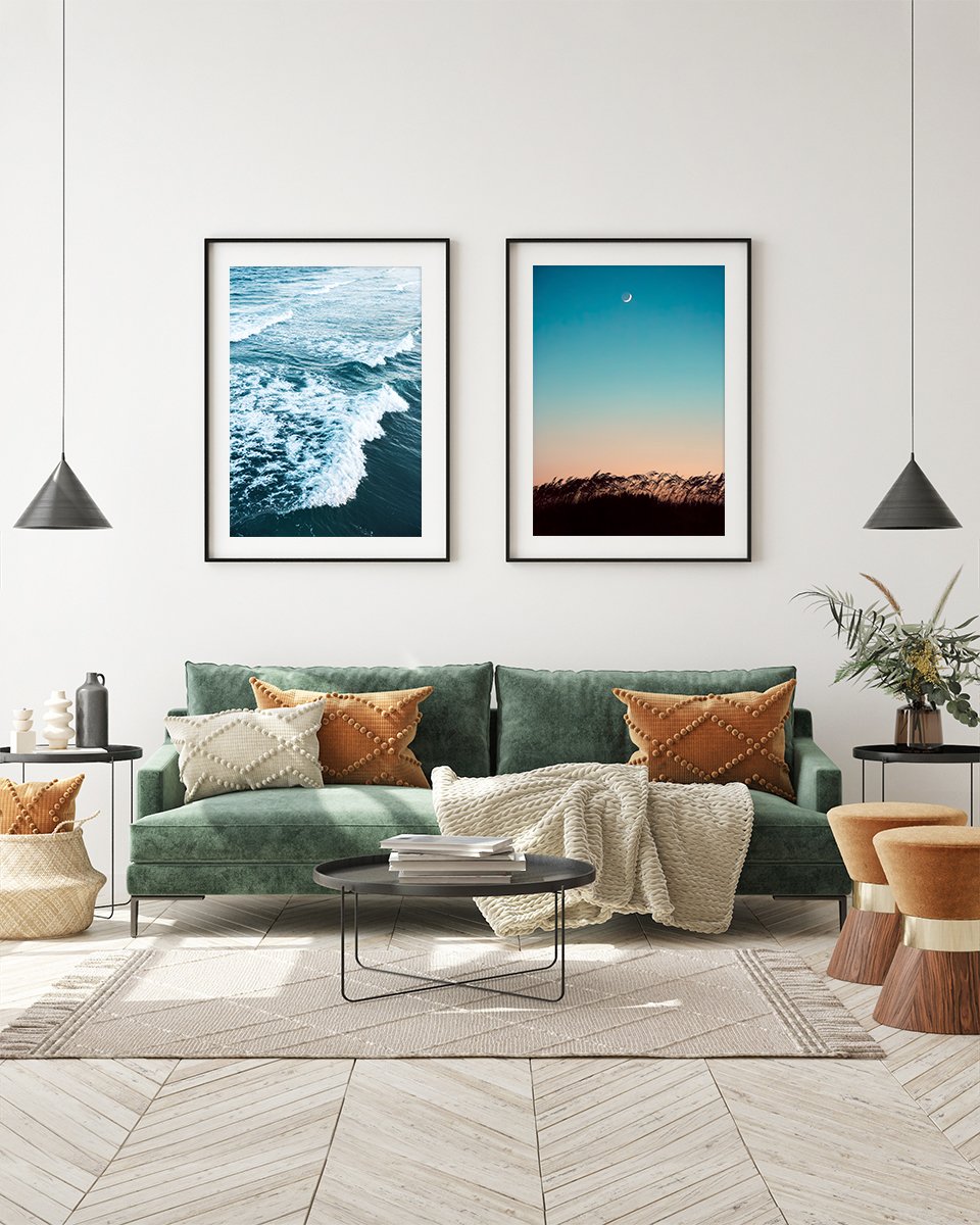 boho eclectic living room decor, indigo blue ocean waves aerial photograph