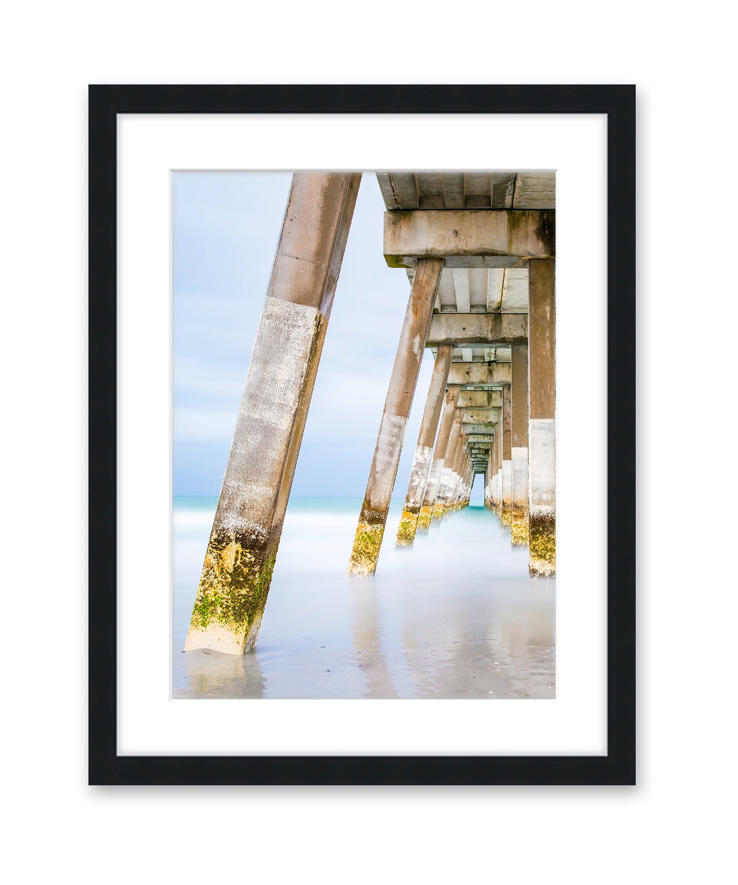blue pier beach photograph, black wood frame by Wright and Roam