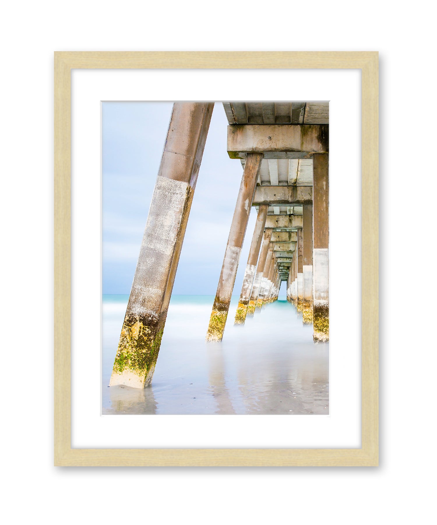 blue pier beach photograph, natural wood frame by Wright and Roam