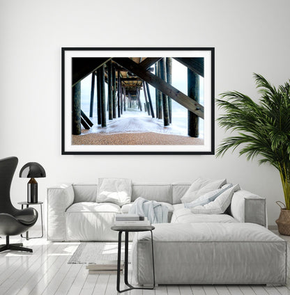Living Room decor featuring large framed beach wall art print by Wright and Roam