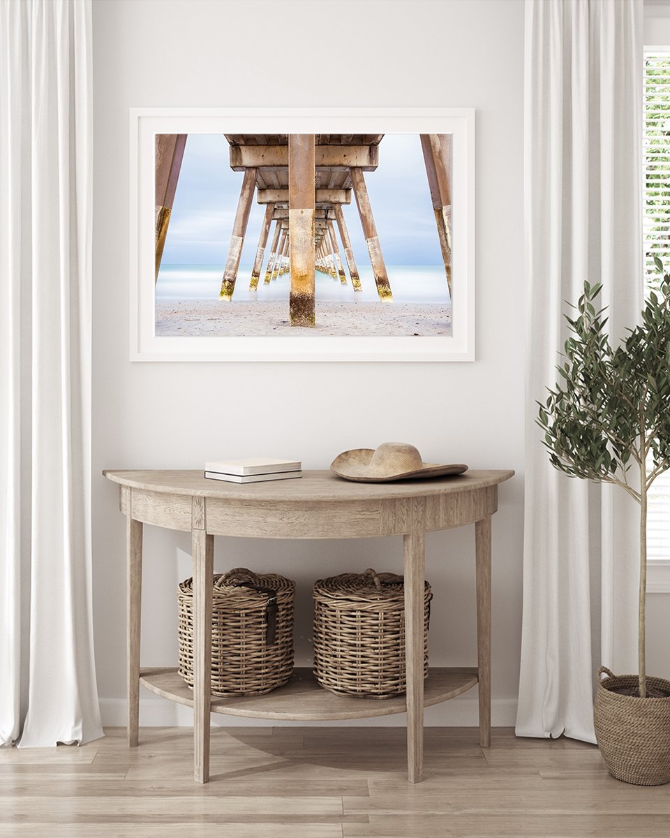 coastal living room decor, blue pier beach photograph framed