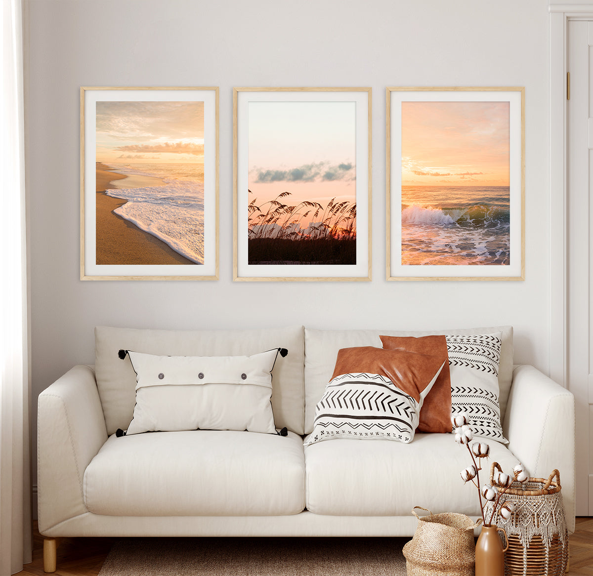 modern living room decor, set of 3 warm sunset beach photographs by Wright and Roam
