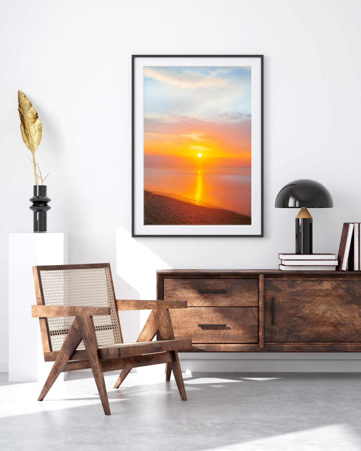 Mid-Century Modern Minimalist Decor, featuring black frame colorful beach photograph by Wright and Roam