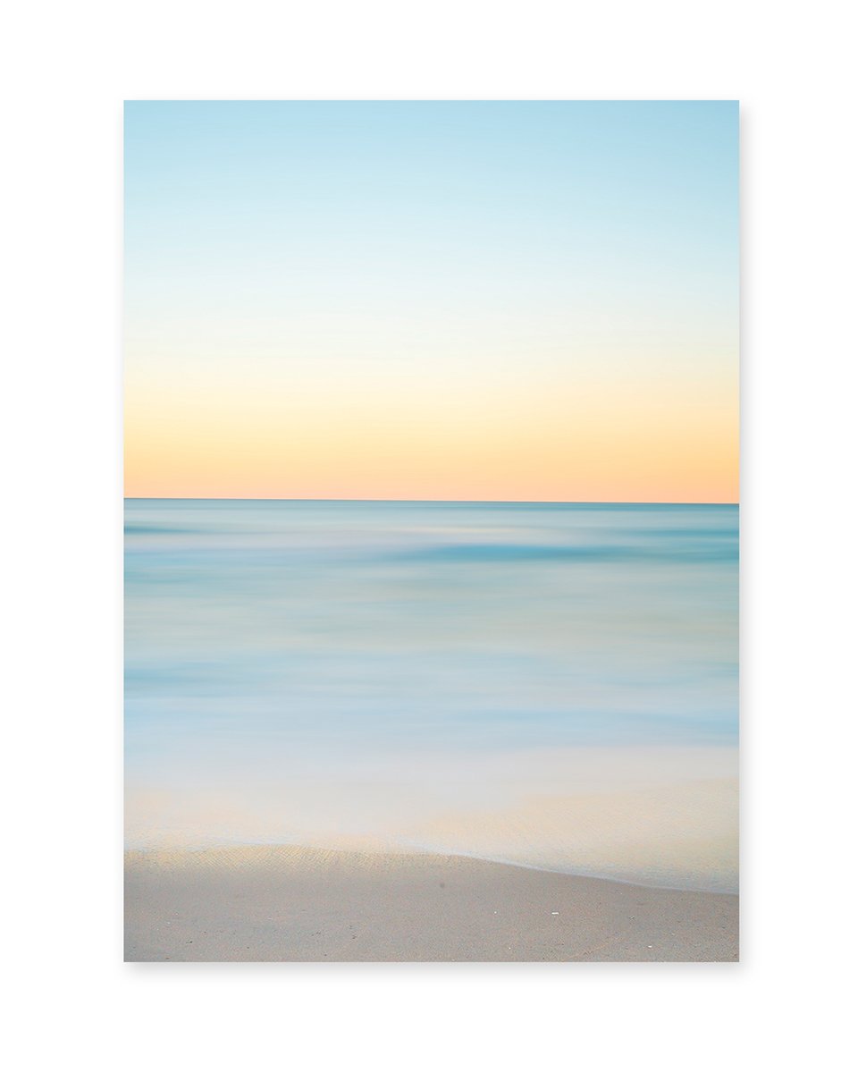 Blue Yellow minimal print beach sunrise photograph by Wright and Roam