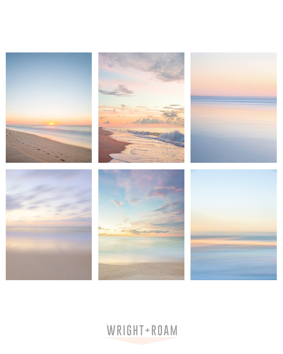 set of six neutral tone abstract, minimal print, beach photographs by Wright and Roam