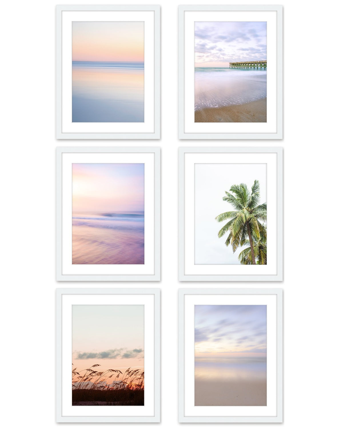 set of six pastel pink sunrise beach prints, white wood frame by Wright and Roam