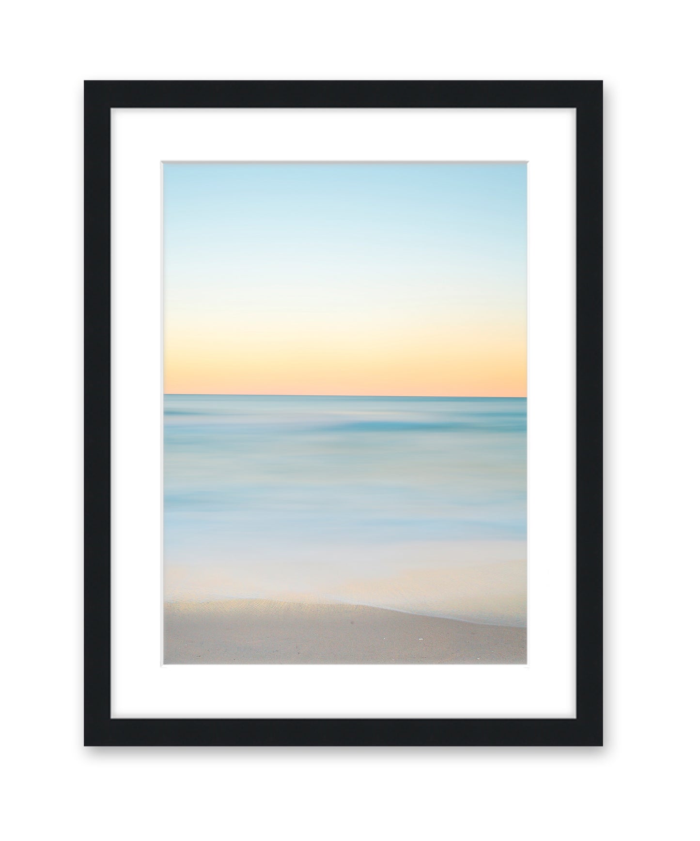 Blue Yellow minimal print beach sunrise photograph, black frame by Wright and Roam