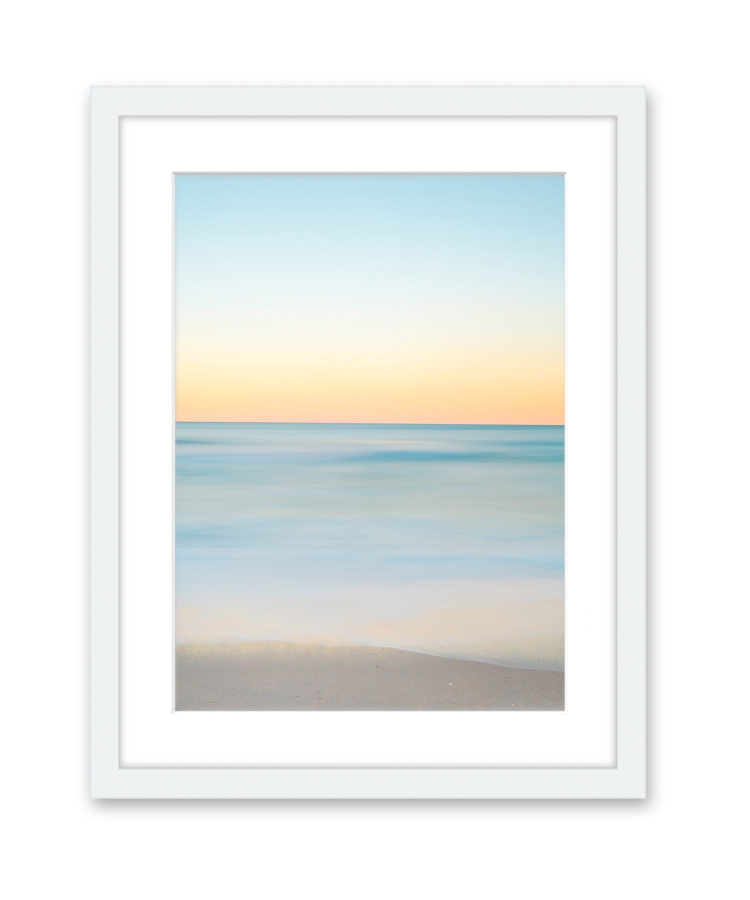 Blue Yellow minimal print beach sunrise photograph, white frame by Wright and Roam