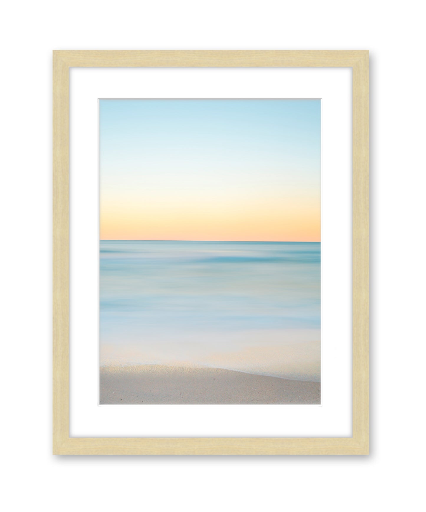 abstract minimal blue beach print, natural wood frame by Wright and Roam