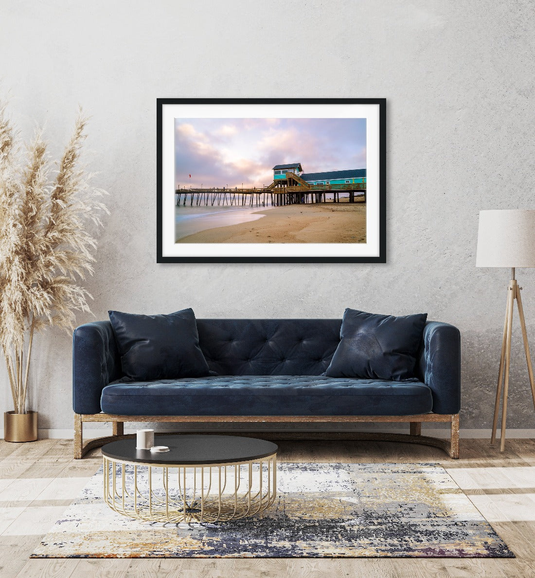 modern living room decor featuring framed beach photograph by Wright and Roam