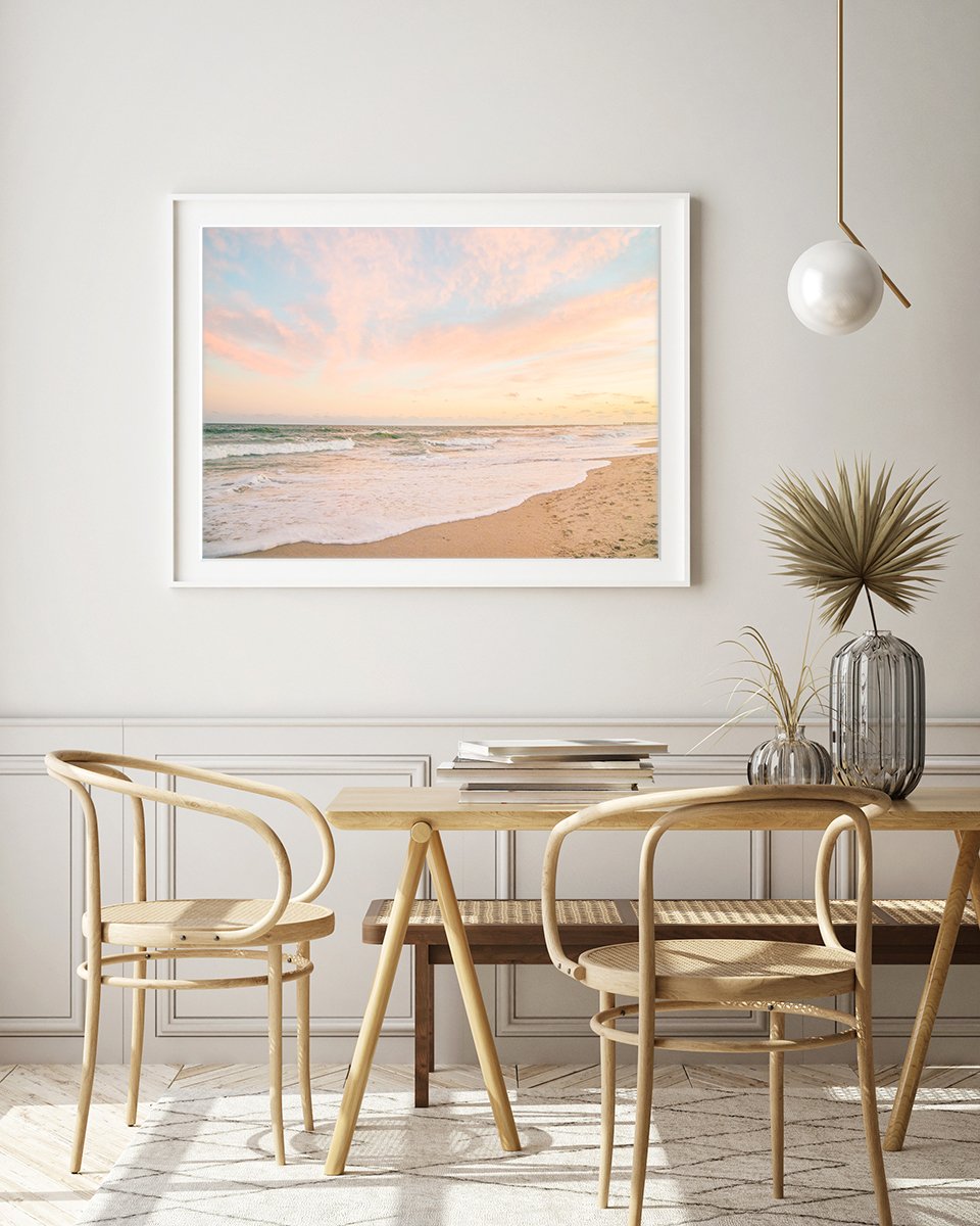 Mid century modern dining room decor featuring warm pastel sunset beach photograph by Wright and Roam