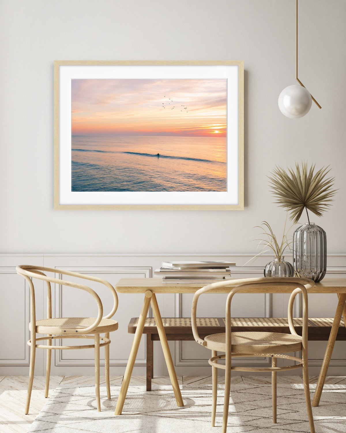 dining room decor, large framed beach art