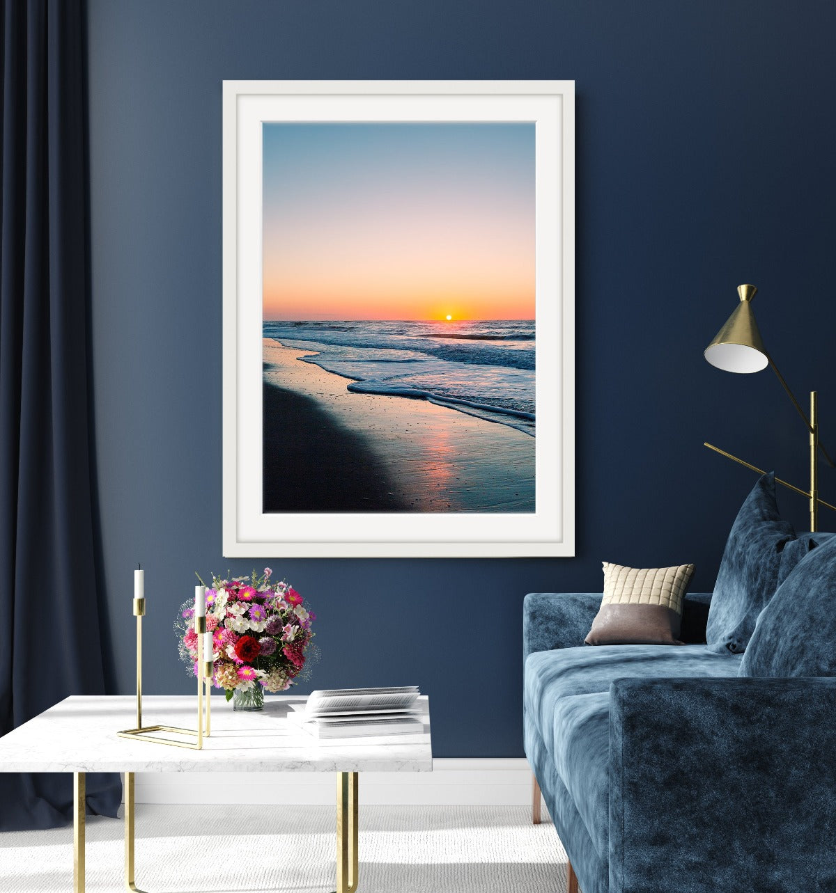 modern living room decor, colorful framed beach wall art photograph by Wright and Roam