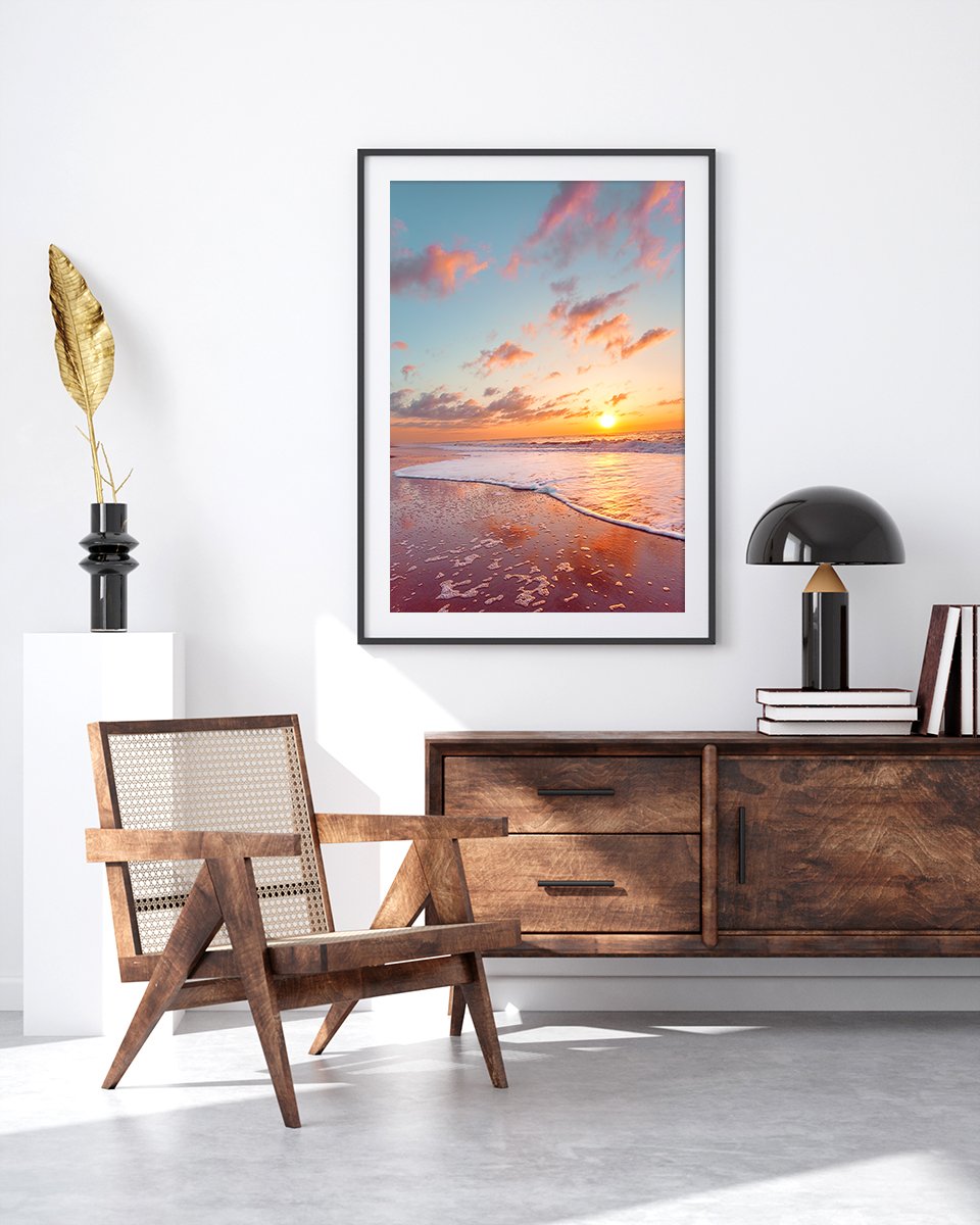 Mid-Century Modern Living Room Decor, Framed Colorful Sunset Beach Photograph