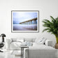 modern living room, grey couch, large blue pier beach photograph by Wright and Roam
