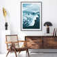 modern living room decor, indigo blue ocean waves art print