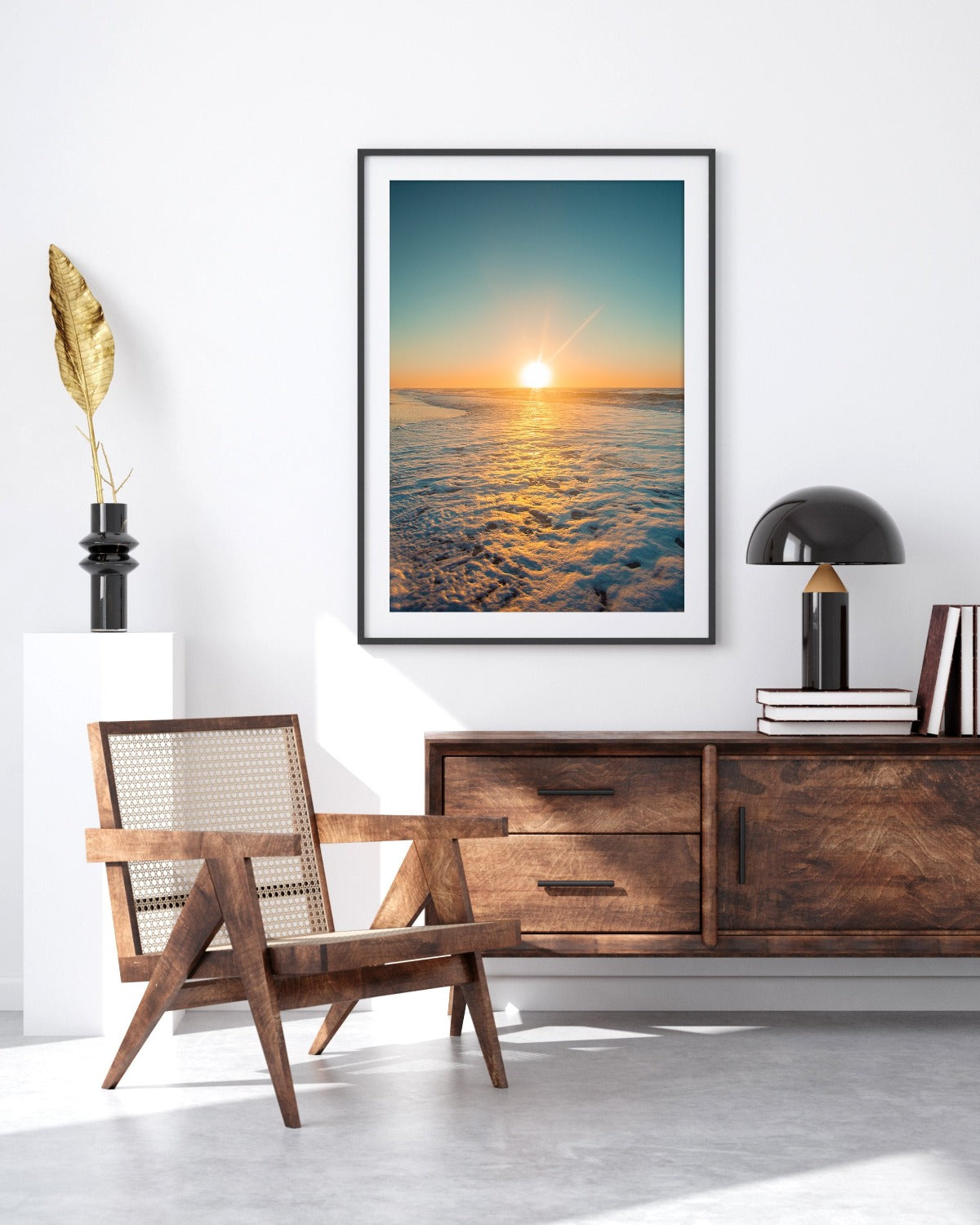 modern living room, teal sunrise beach print black frame