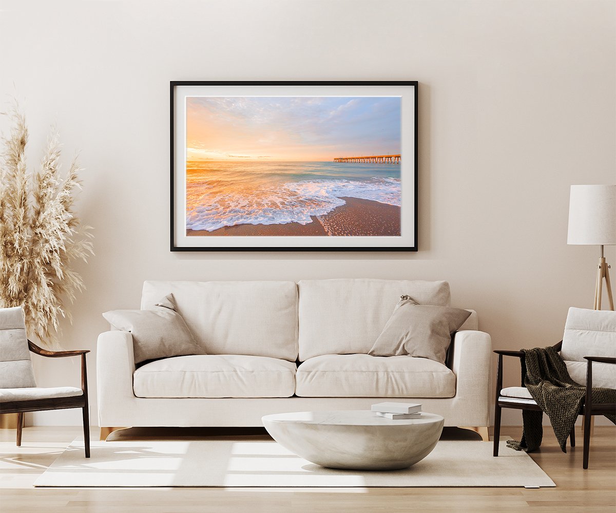 Modern Living Room Decor, Colorful Sunrise Beach Photograph by Wright and Roam