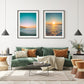 boho eclectic living room decor, teal sunset beach art prints