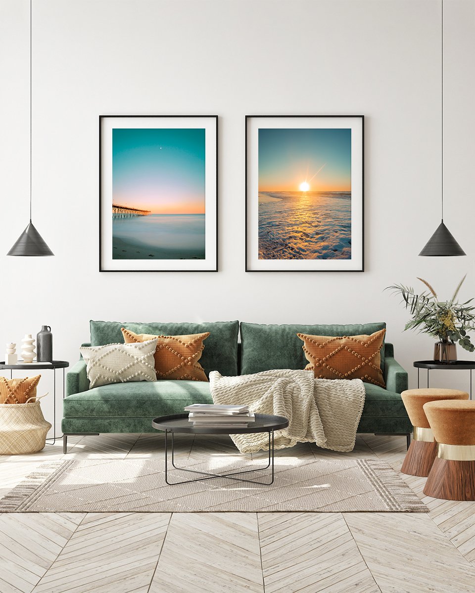 boho eclectic living room decor, teal sunset beach art prints