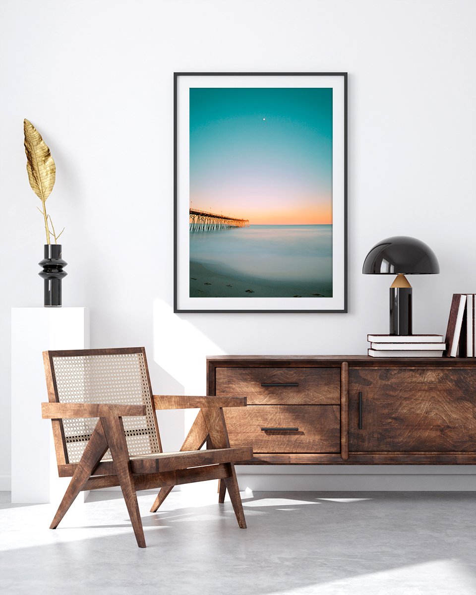 modern living room decor, teal sunset beach print