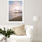 modern living room decor featuring calming beach wall art photograph framed by Wright and Roam