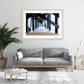modern living room decor featuring large framed beach wall art by Wright and Roam