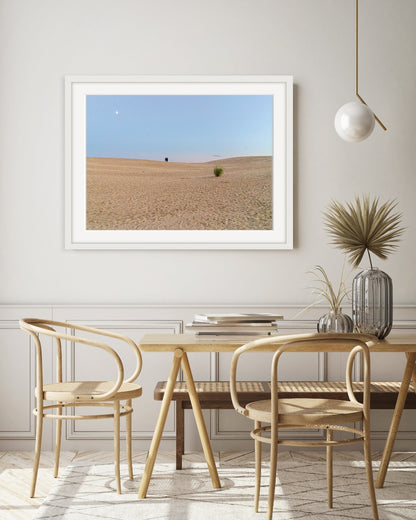 dining room decor featuring large framed wall art, minimalist print by Wright and Roam