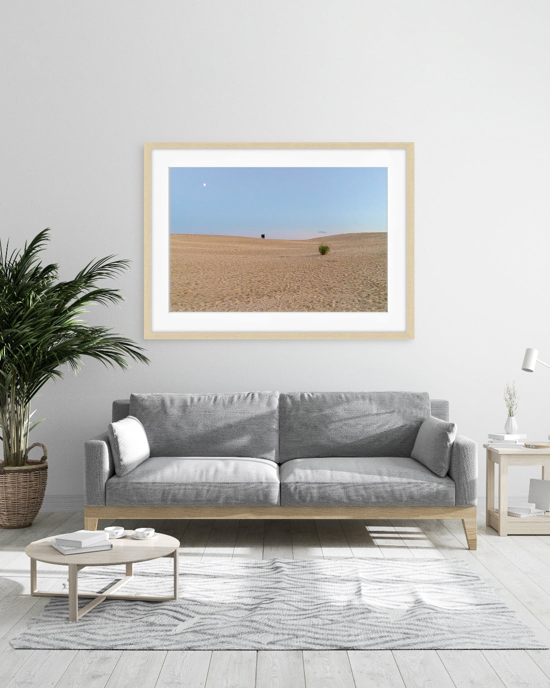 minimalist living room decor featuring large dunes minimal print framed