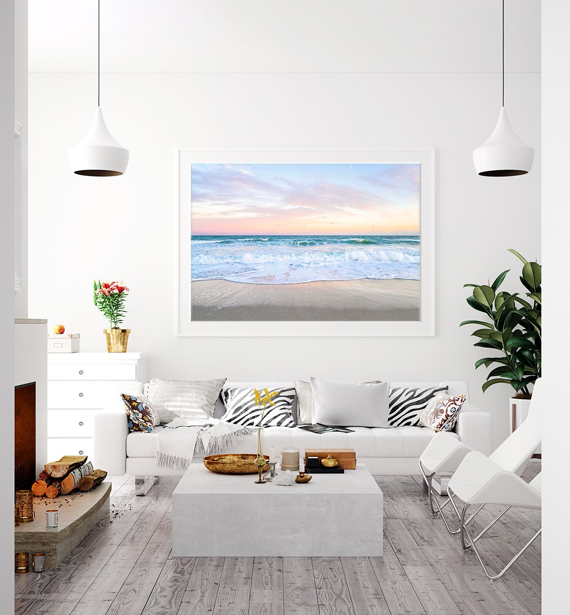 Modern Living Room Decor, Blue Sunset Beach Photograph