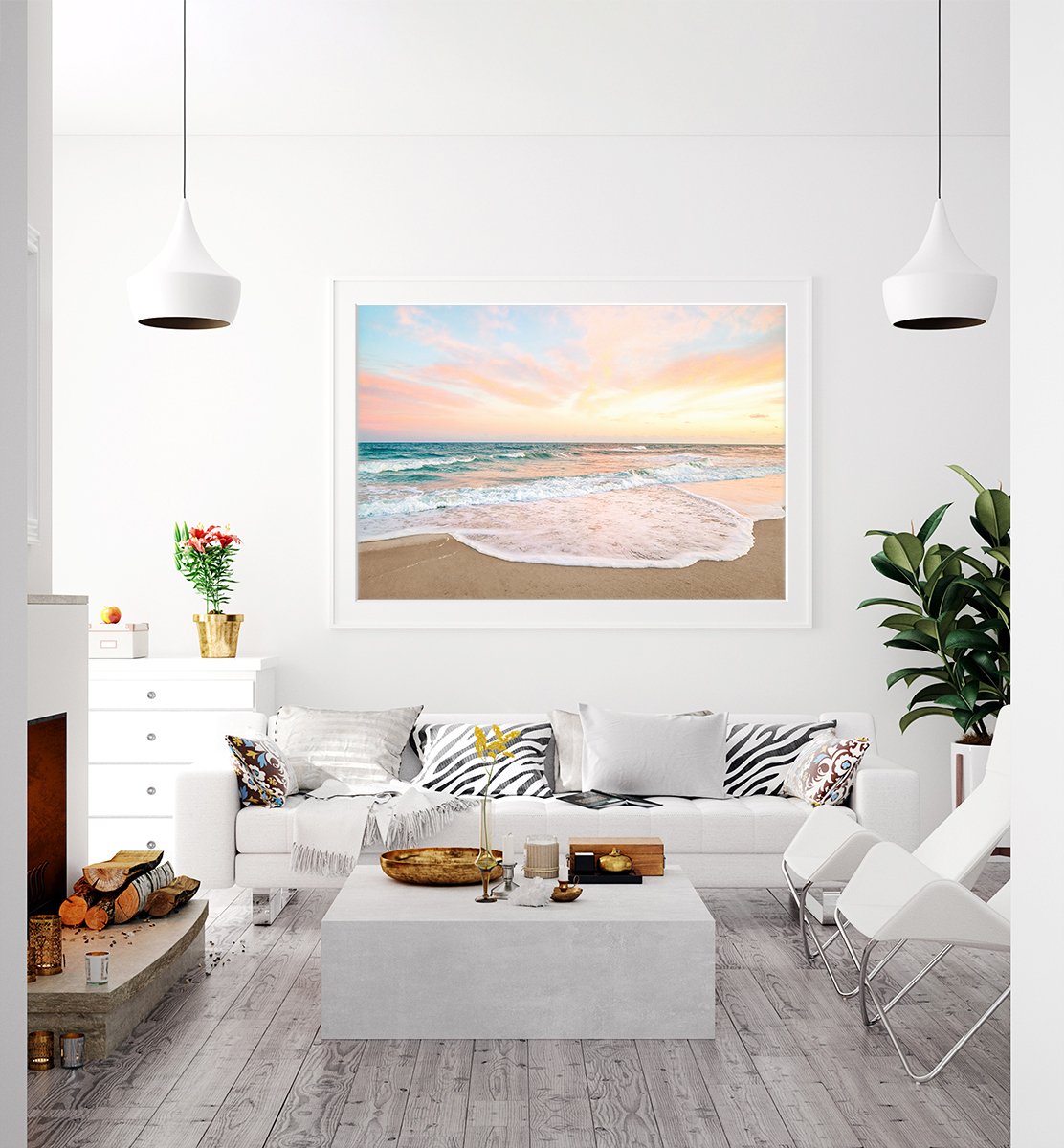 Modern Living Room Decor, Pastel Sunset Beach Photograph by Wright and Roam