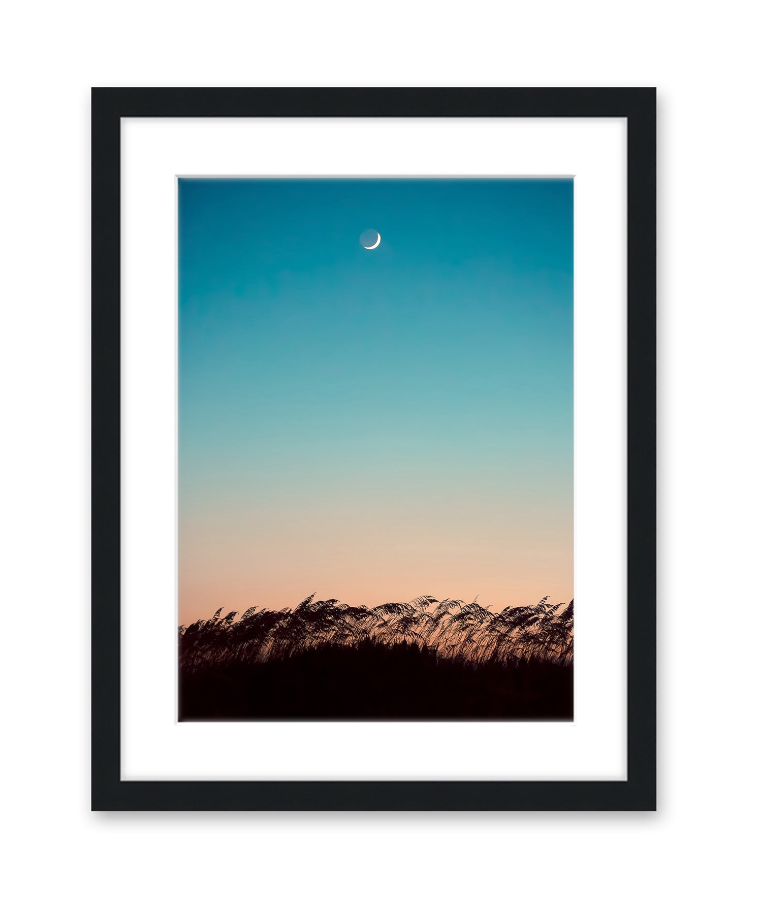 Teal Sunset Beach Print, Moon, Black Frame By Wright and Roam