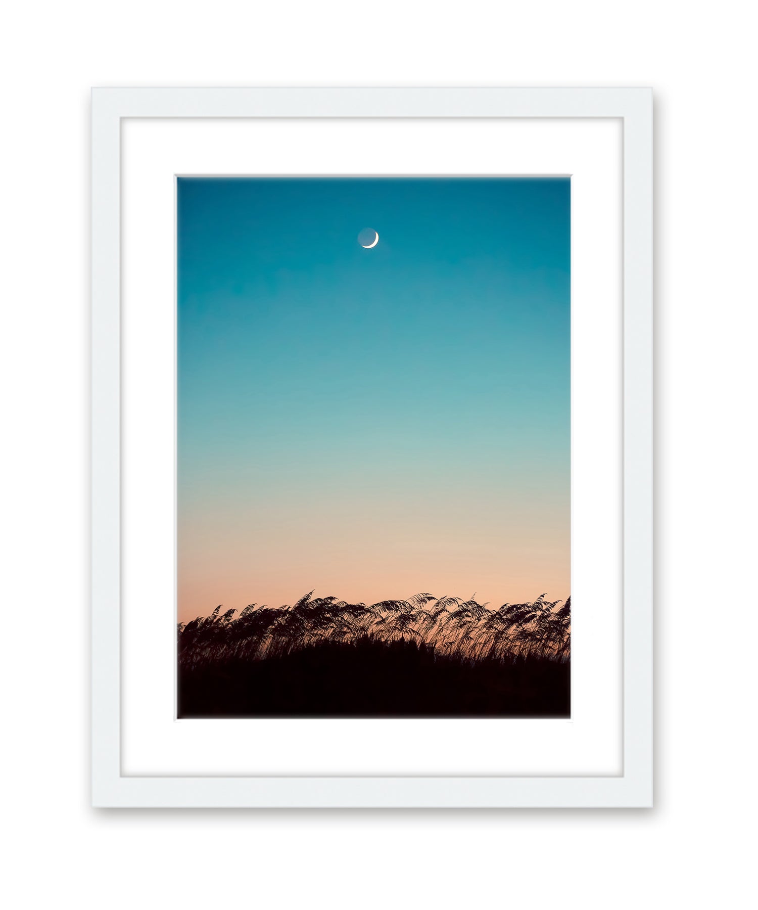 Teal Blue Sunset Beach Photograph, White Frame, by Wright and Roam