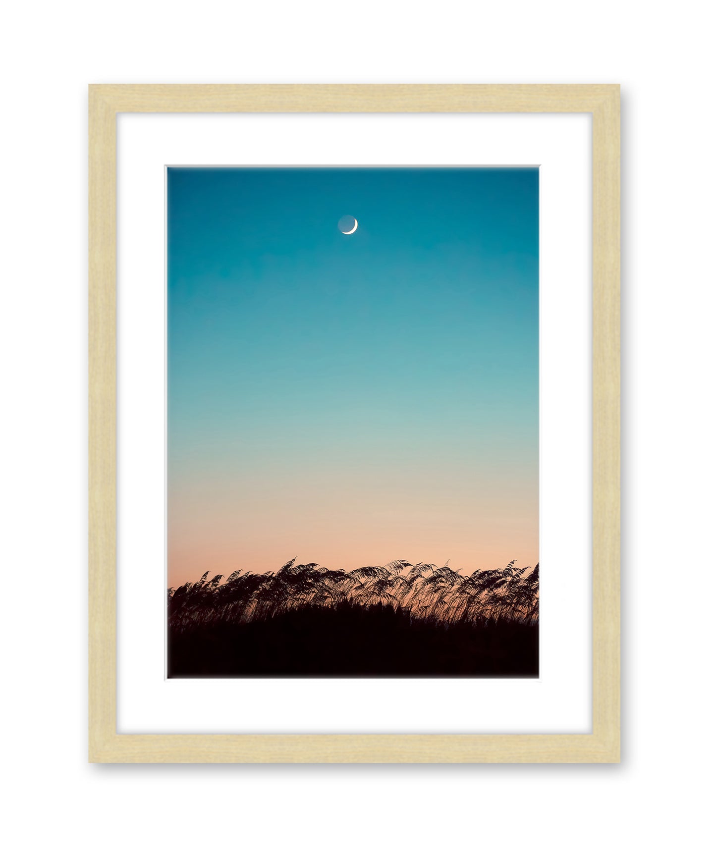 Teal sunset beach photograph, natural wood frame, Wright and Roam