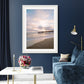 living room decor featuring large framed wall art print, pastel beach photograph by Wright and Roam