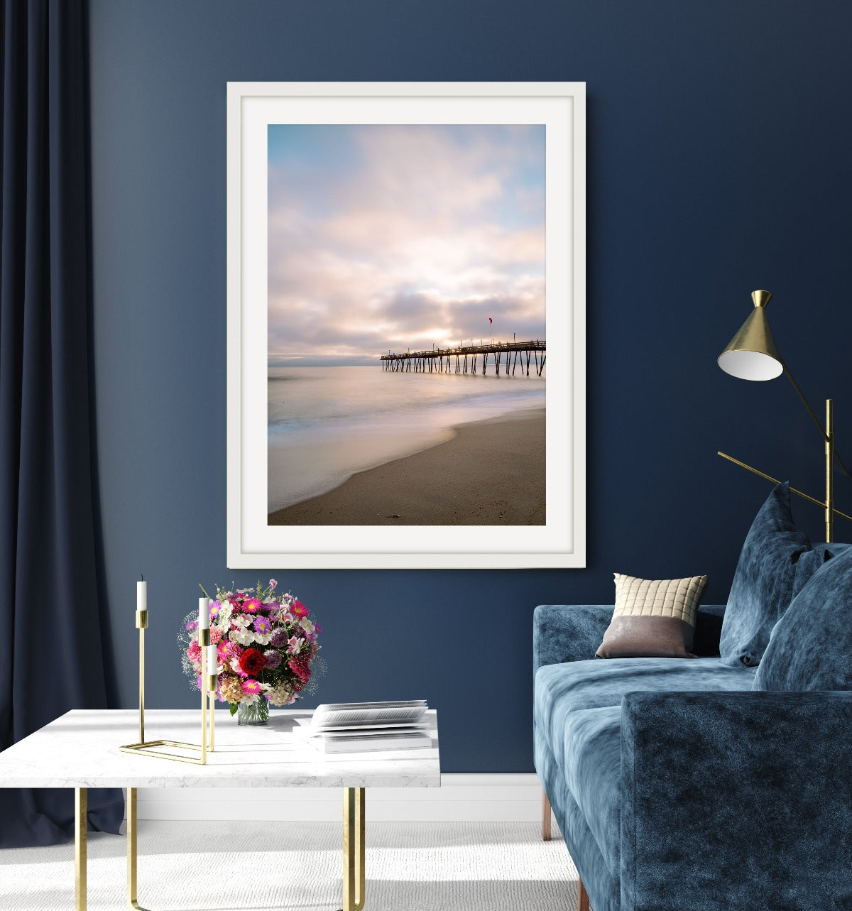 living room decor featuring large framed wall art print, pastel beach photograph by Wright and Roam