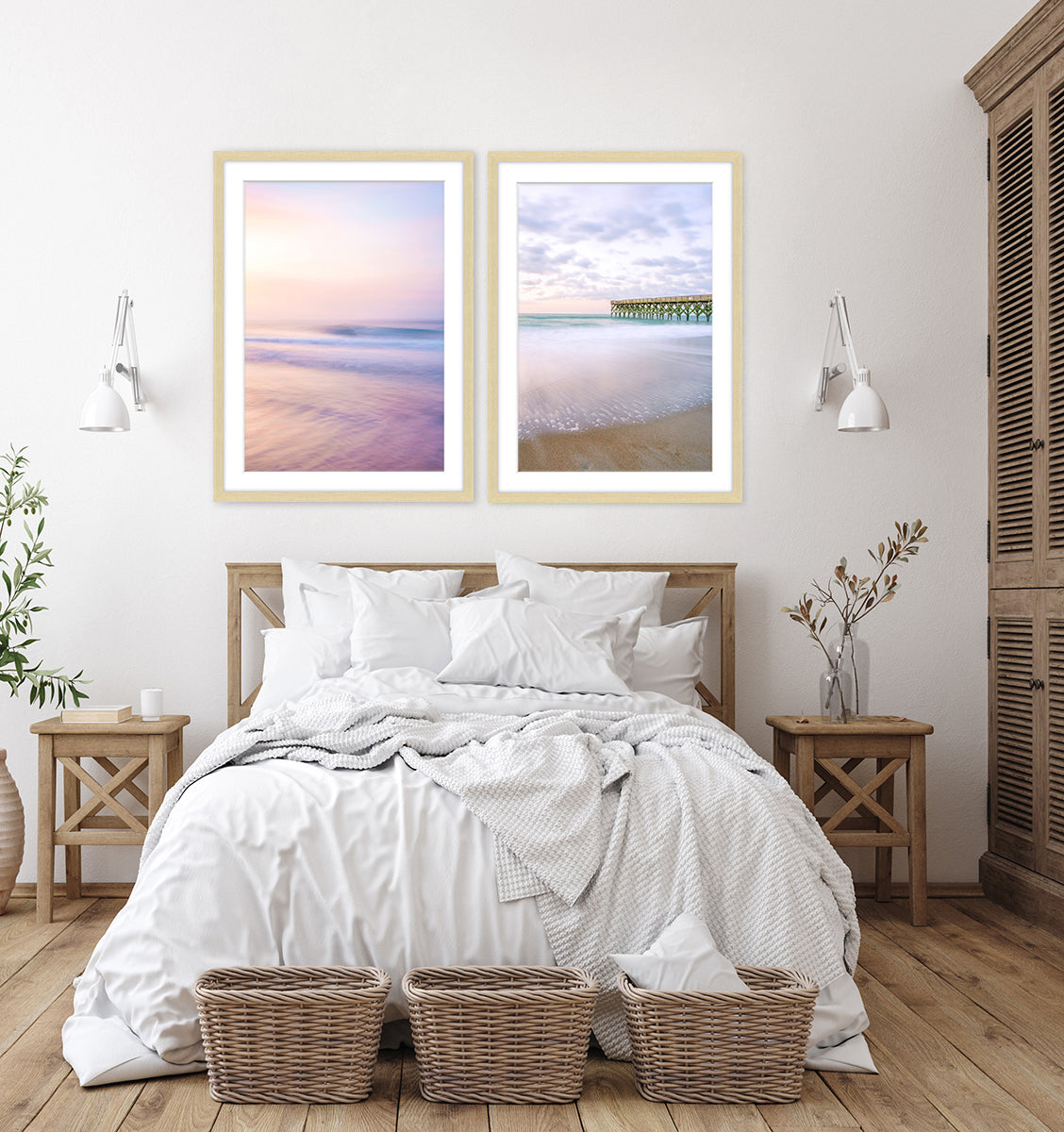 bedroom decor, pastel pink and purple sunrise ocean photographs
