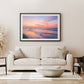 modern living room decor, large pink sunrise beach photograph by Wright and Roam