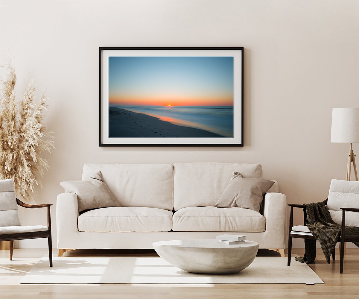 modern living room decor, deep blue sunrise beach photograph by Wright and Roam