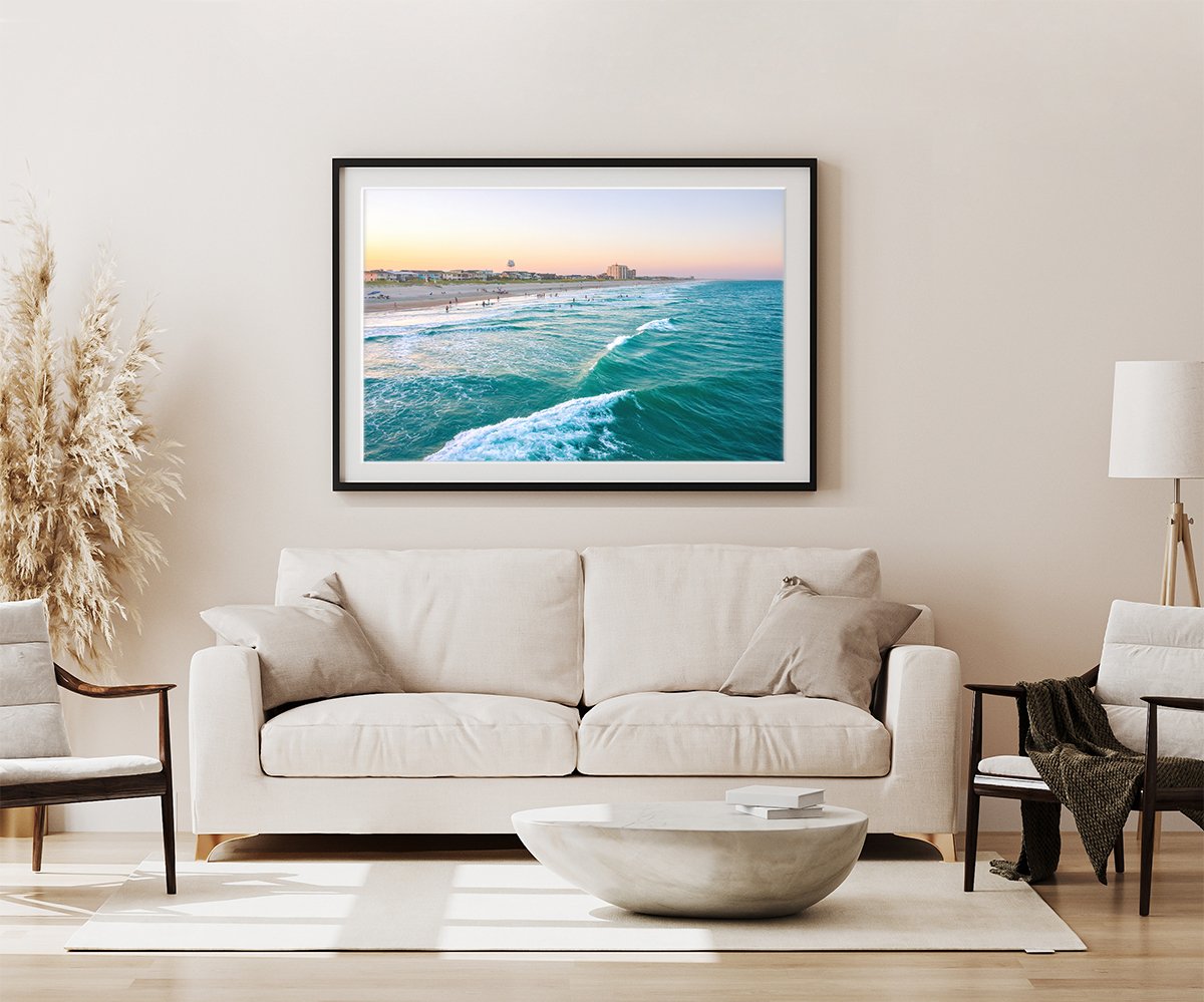 modern neutral living room decor, large aerial Wrightsville beach photograph by Wright and Roam