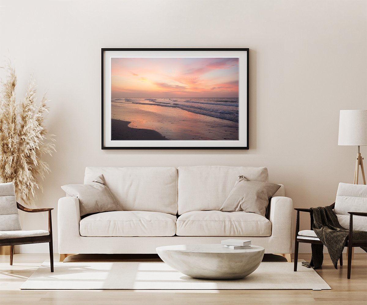 modern living room decor featuring large warm sunset beach photograph by Wright and Roam