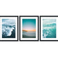 set of 3 teal blue sunset beach photographs, black wood frame by Wright and Roam