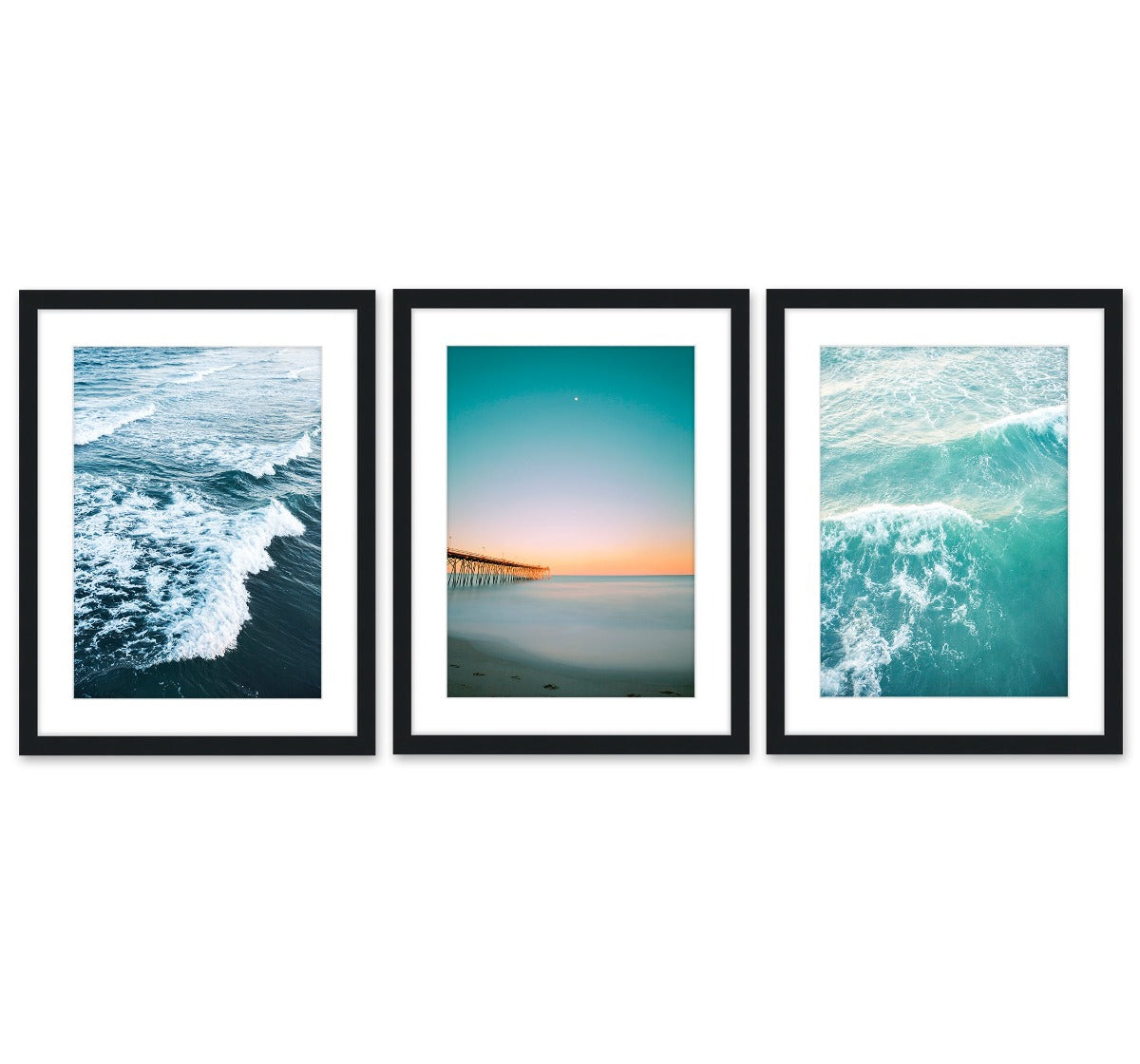 set of 3 teal blue sunset beach photographs, black wood frame by Wright and Roam