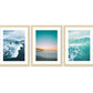 set of 3 teal blue sunset beach photographs, natural wood frame by Wright and Roam