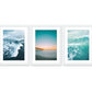 set of 3 teal blue sunset beach photographs, white wood frame by Wright and Roam