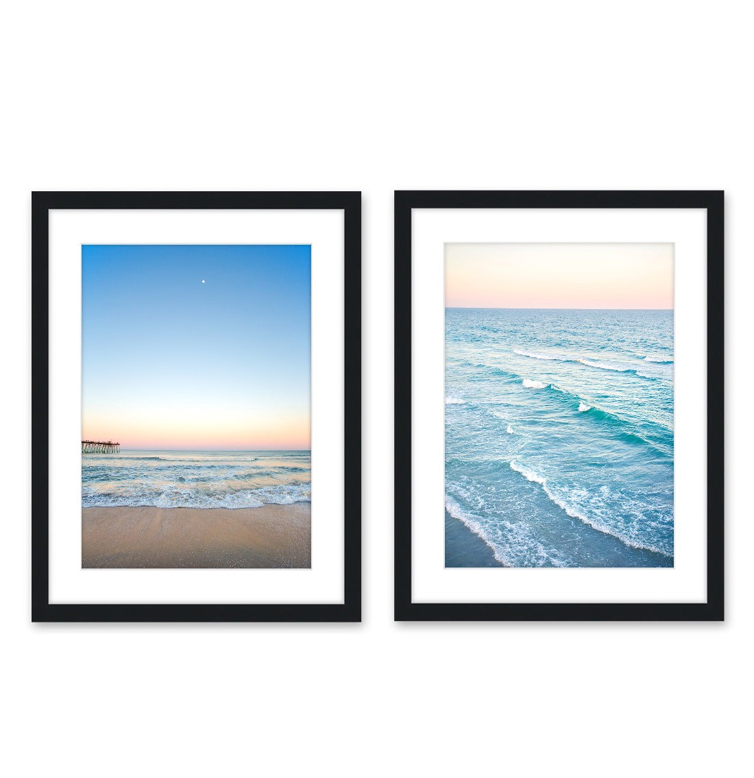 set of 2 Sunset blue beach photographs, Black Wood Frame by Wright and Roam
