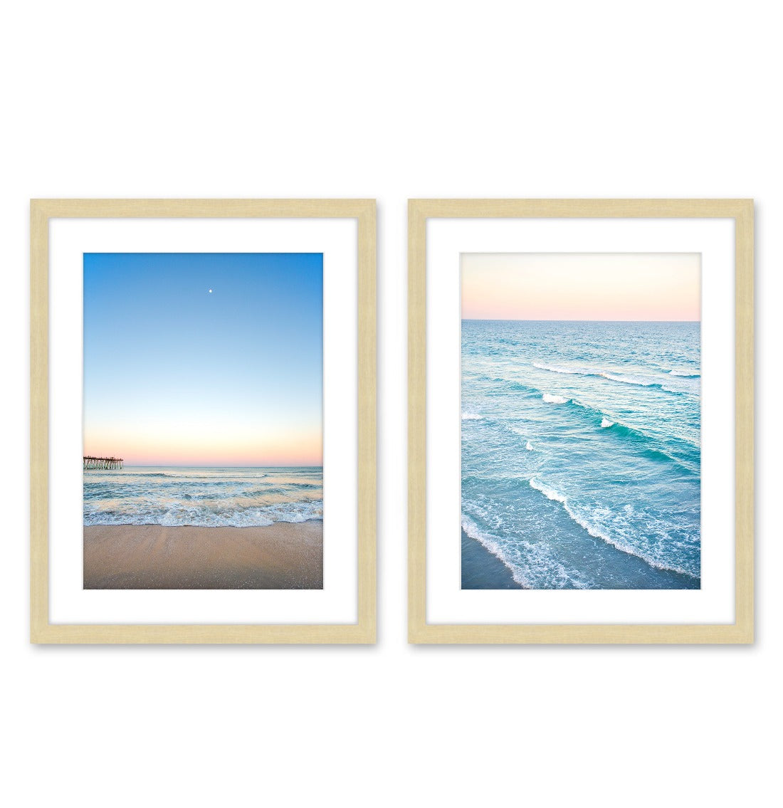 set of 2 Sunset blue beach photographs, Natural Wood Frame by Wright and Roam